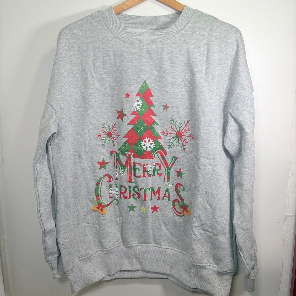 Merry Christmas Holiday Grey Crew Neck Sweater‎ L Red/Green Tree Bell Snowflake